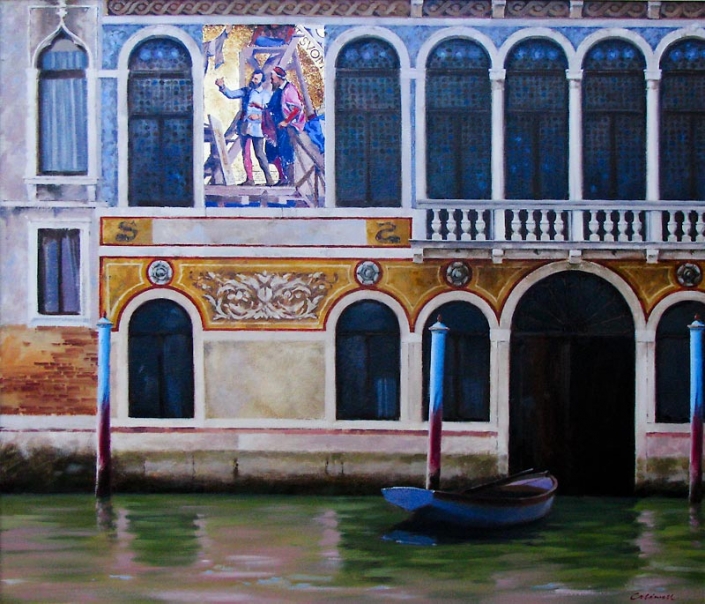 'Barbarigo', oil painting of Venetian building, canal and boat,by BillCaldwell