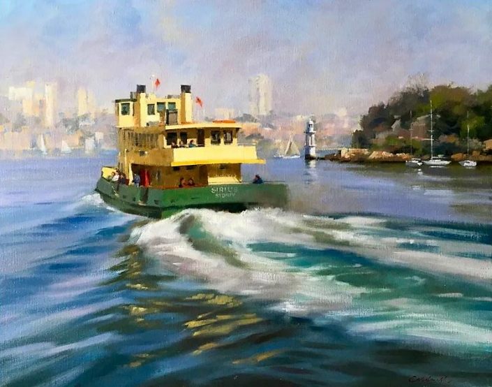 'Commuters at Cremorne', oil painting of a ferry on Sydney harbour by Bill Caldwell