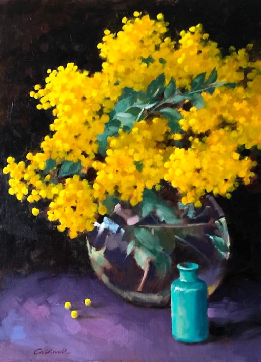 'Winter Gold', oil painting of golden wattle in a glass vase, by Bill Caldwell