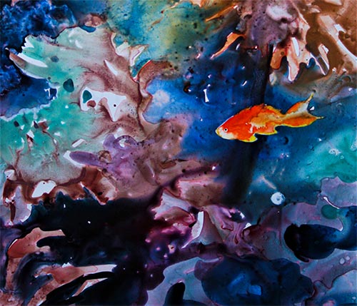 Watercolour painting of goldfish amongst seaweed.