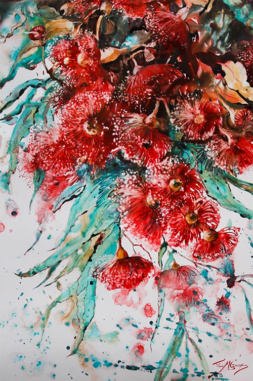 Watercolour painting of red gum blossoms.