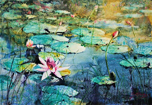 Watercolour painting of a water lilly pond.