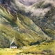 Watercolour painting of a small white house against the mountains of the Scottish Highlands by Vivi Palegeorge.