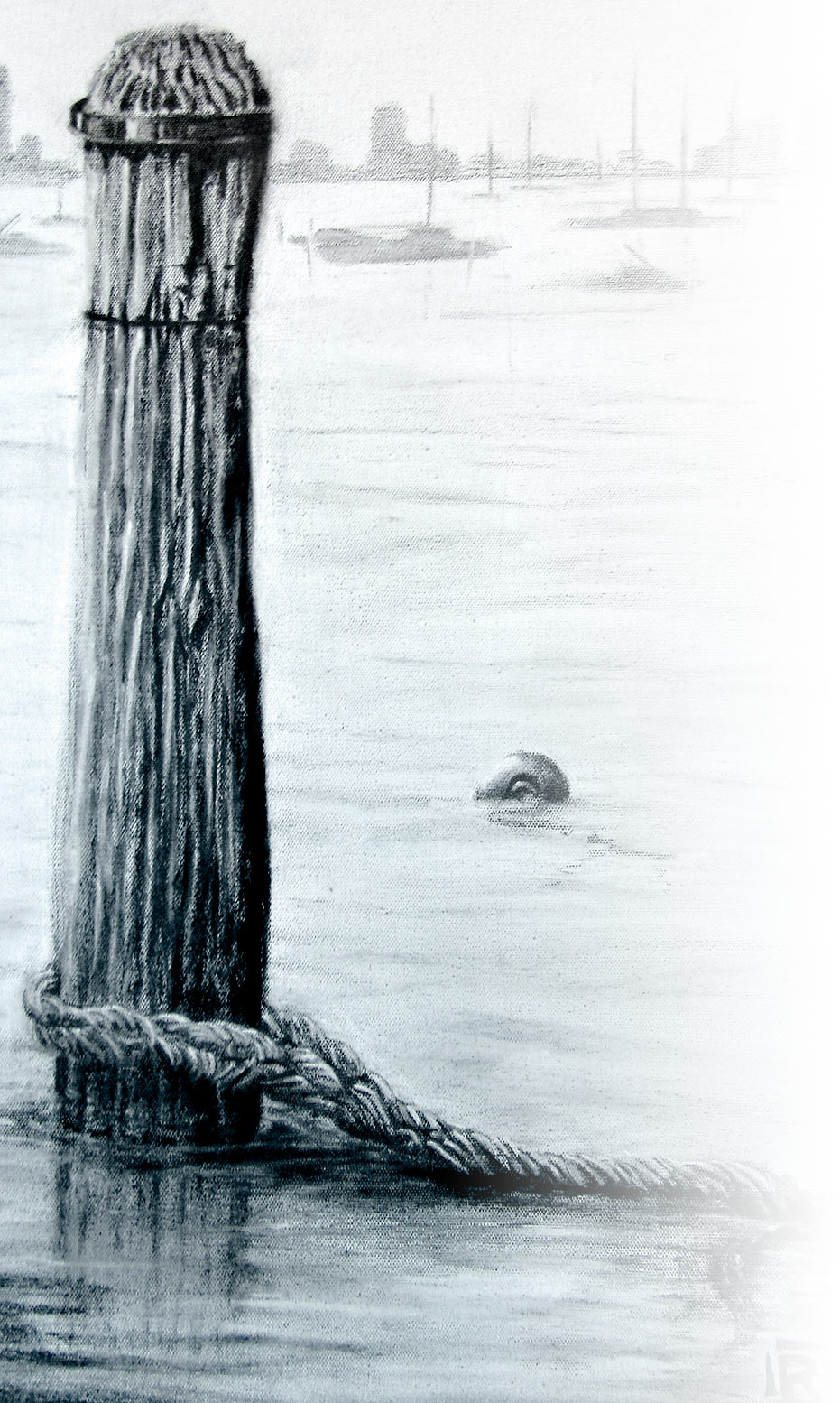 Graphite drawing of bollard and rope in the water, by Ruth Quinn, tinted blue-green