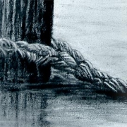 Graphite drawing of a weathered bollard in water with rope, by Ruth Quinn