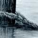 Graphite drawing of a weathered bollard in water with rope, by Ruth Quinn
