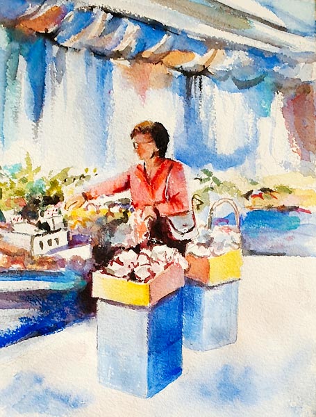 'Careful Selection', watercolour of a lady selecting from a flower stall, class project by Di H