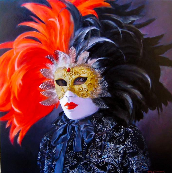 'Carnevale', oil painting of a person in Venetian costume with mask, by Bill Caldwell