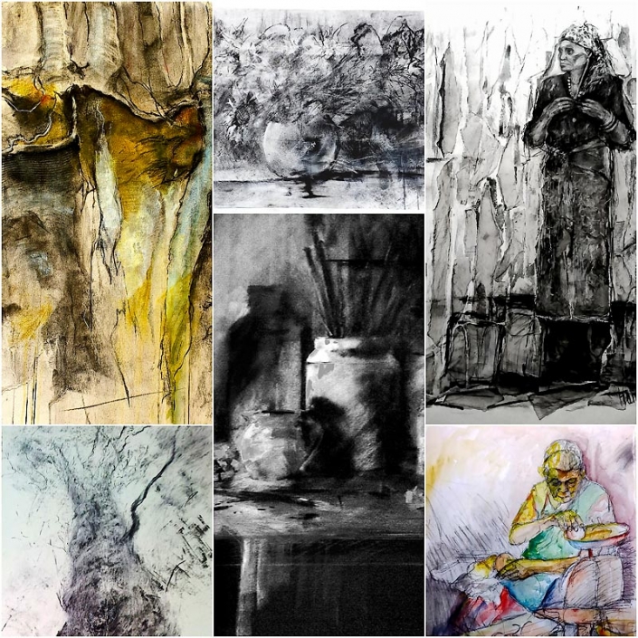 Collage of drawings of figures, still life and trees,by Catherine Hamilton