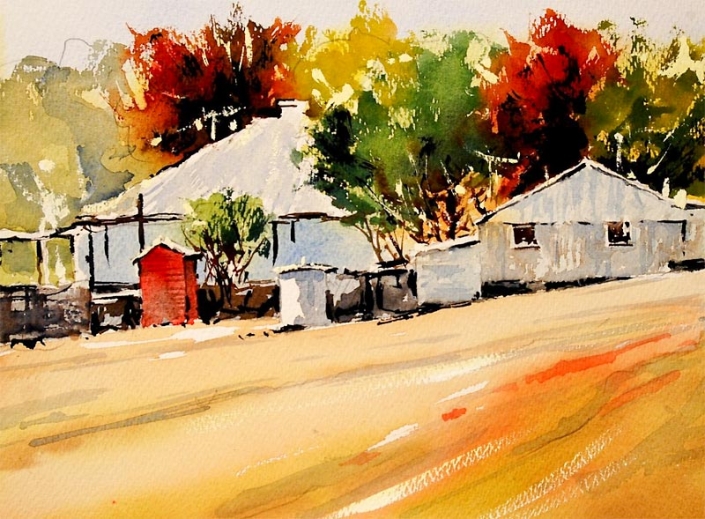 'Clifford Homestead', watercolour painting of a rural scene with house by MalcolmBeattie