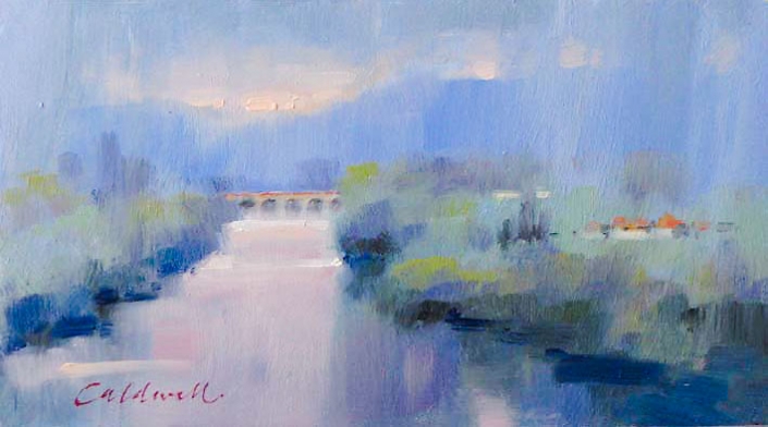 Dordogne, oil painting of river with bridge in misty blues and greens, by Bill Caldwell