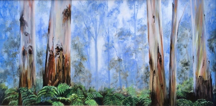 'Forest Light', acrylic painting of a forest featuring eucalyptus trees and ferns, by Fiona Valentine