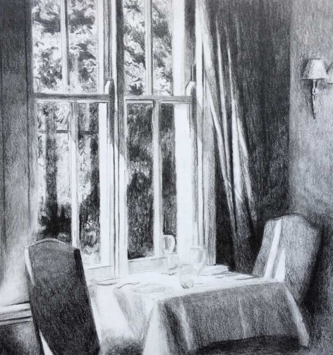 'The Table', a graphite drawing of a dining table near a window, by Fiona Valentine