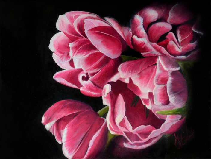 'Petals', oil painting of pink flowers by Fiona Valentine