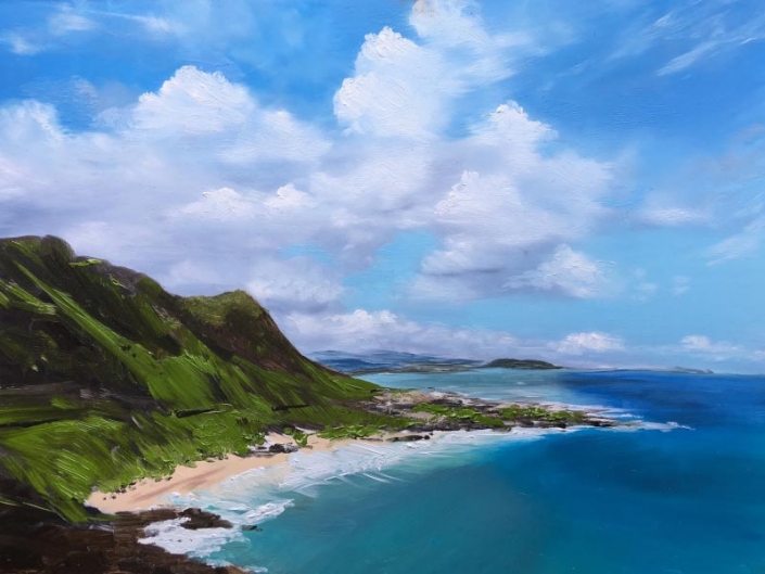 Seascape oil painting of Waimanalo Bay Hawaii, by Fiona Valentine