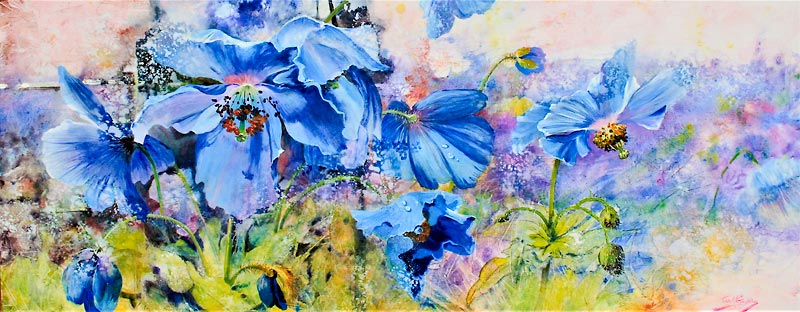 Himalayan Blues, acrylic and watercolour painting of blue flowers, by Julie Goldspink on canvas