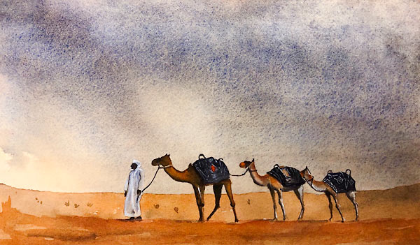 Desert scene with man in Arabian dress and three camels, watercolour class project by Karen Flavel