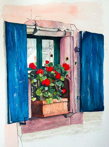 Old window with blue shutters and red geraniums in planter box, watercolour class project by Karen Flavel