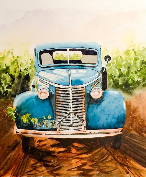Vintage blue car, watercolour class project by Karen Flavel
