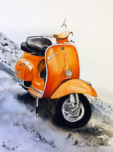 Orange motor scooter, watercolour class project by Karen Flavel