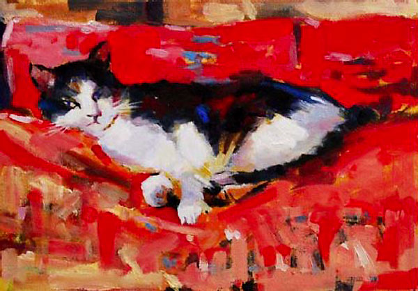 Malcolm Beattie, oil painting f a black and white cat on a red sofa