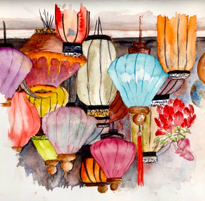Coloured glass lanterns, watercolour class project by Ros Cutler