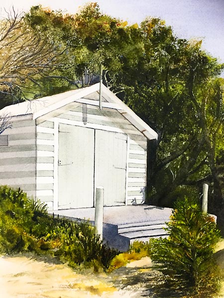 White wooden beach hut surrounded by green foliage, personal watercolour project by Sandra Bain