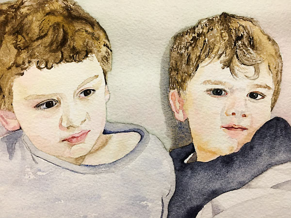 Portrait of two boys, personal watercolour project by Sandra Bain
