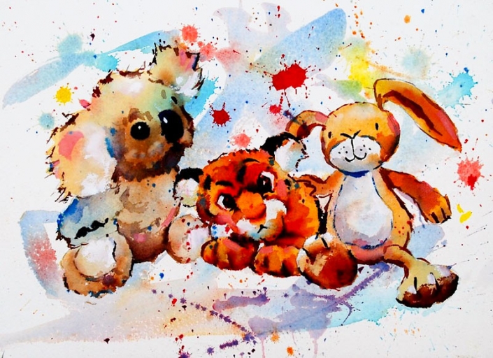 'Snuggle', watercolour painting of children's soft toys by Malcolm Beattie