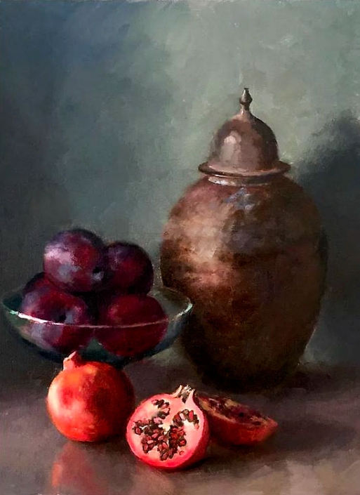 'Still Life With Plums and Pomegranates', oil painting by Bill Caldwell
