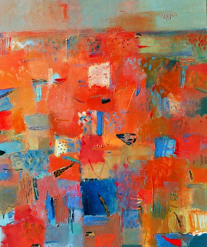 'Dusk's Haze Opal Country', painting in warm oranges and blues, by Su Fishpool, 120x102cm