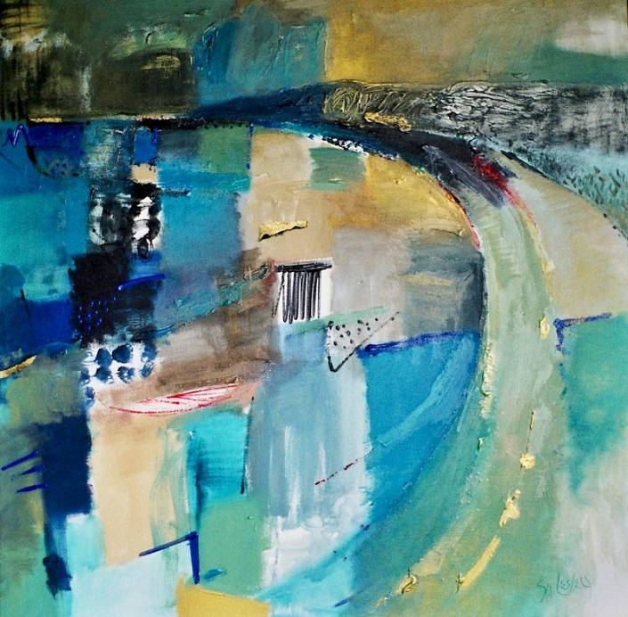 'Triumphant Light', abstract painting featuring blues and golds, by Su Fish pool, 122 X 120cm