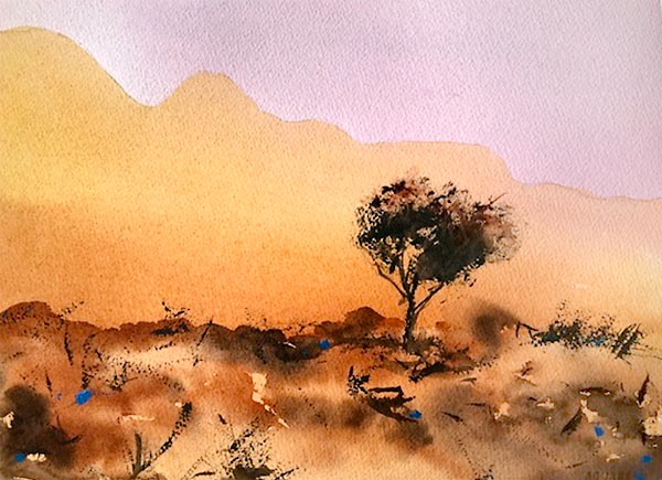 'Wilpena Ranges', watercolour landscape with foreground tree and mountains, class project by Kerry