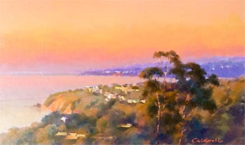 Oil painting of a coastal scene at sunset looking across a bay from bushy cliffs with a scattering of houses amongst the vegetation.