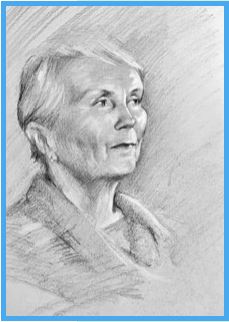 Black and white portrait sketch of an elderly woman