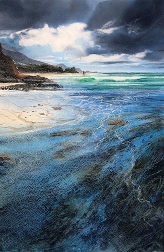 Watercolour painting of a beach with rocky headlands by Yesi Gozukara.