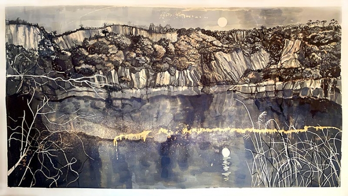 Landscape featuring cliffs and moonlit river - by Maxine Pritchard
