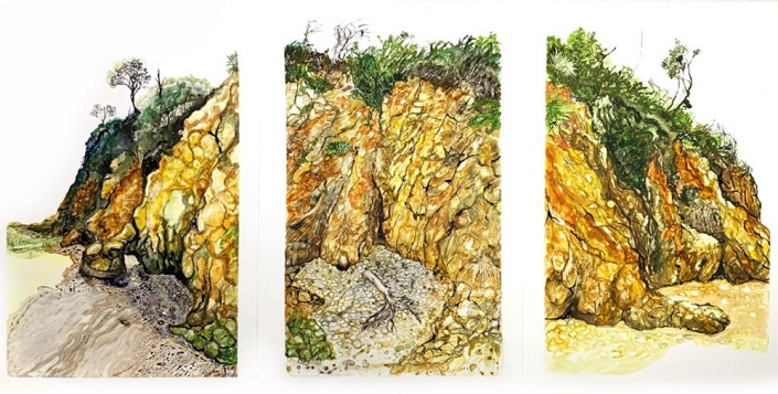 Triptych - three views of rocky beach cliffs with vegetation on top and sandy shore below.
