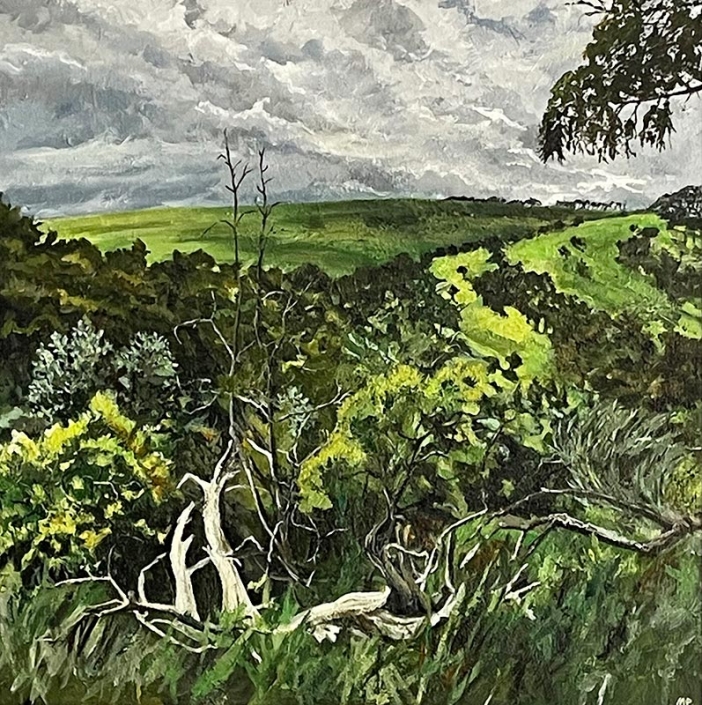 "Brog Dorcha" - acrylic landscape painting of thick scrub with green hills in the distance, by Maxine Pritchard
