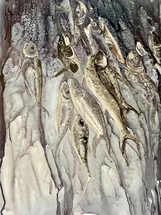 "HomeRun" - artwork on paper featuring a school of swimming fish. by Maxine Pritchard