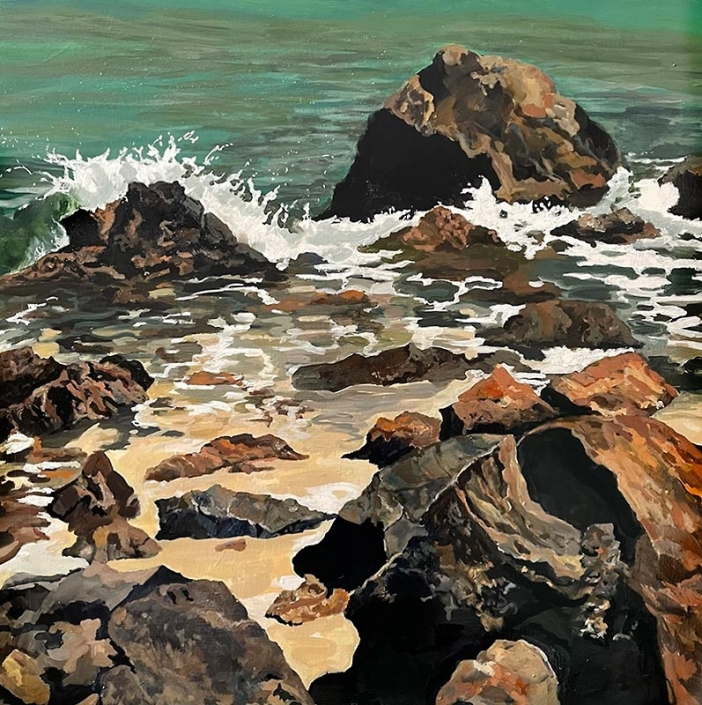 "Sorcha" - acrylic painting of sea waves crashing on rocks, by Maxine Pritchard