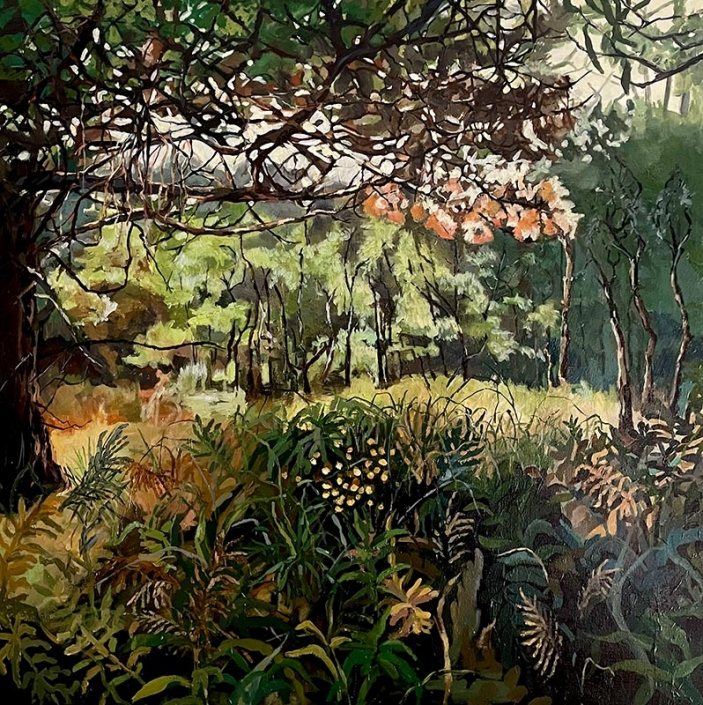 "Staid Nadair" - acrylic landscape painting of lush vegetation by Maxine Pritchard