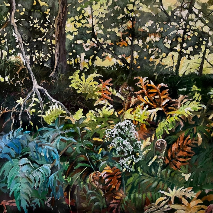 "WareSpring" - acrylic landscape painting featuring lush foliage by Maxine Pritchard