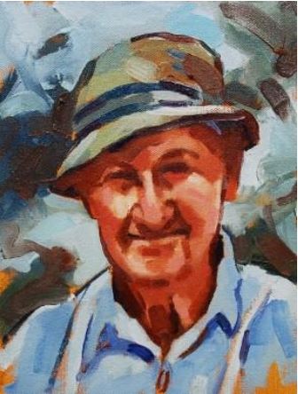 ''Portrait Of A Man'' - painting of a man with a hat by Malcolm Beattie