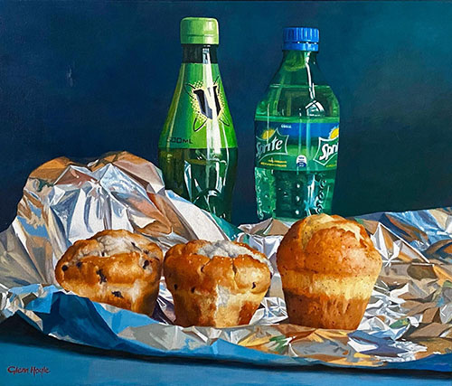 ''Sweet Still Life'' - oil painting of softdrinks and muffins by Glenn Hoyle