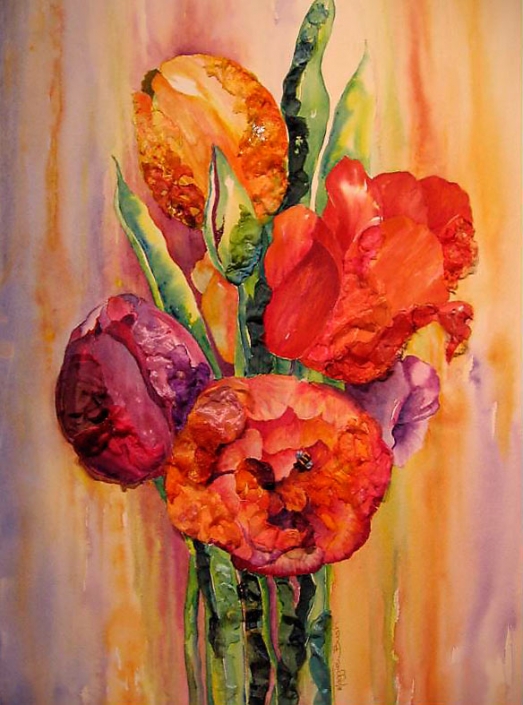 "3D Tulips" - bunch of orange and pink tulips in watercolour and fabric, by Maggie Bush