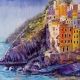 "Cinque Terra" - pastel painting of colourful tall buidings on a rocky cliff overlooking the sea, by Angela Russo