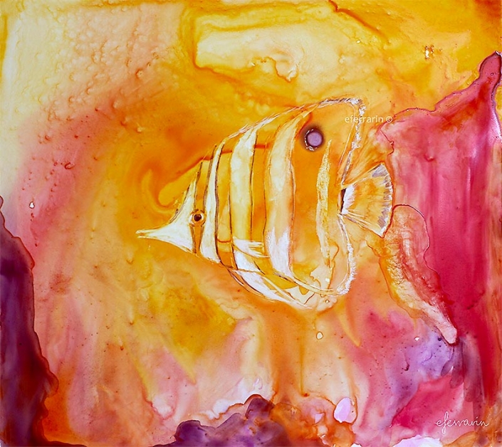 "Bubbles And Butterflyfish" - watercolour of a striped fish swimming in vivid yellow, red and pink colours, by Elena Ferrarin