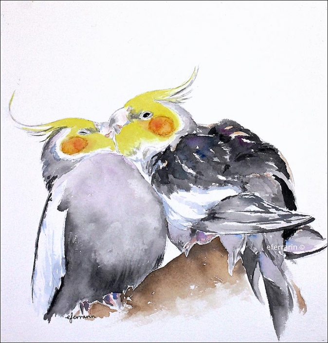 "Kiss Me!" - watercolour of two yellow crested perched parrots rubbing beaks together, by Elena Ferrarin