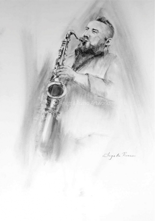 "Harmony" - charcoal painting of a bearded man playing a saxophone, by Angela Russo